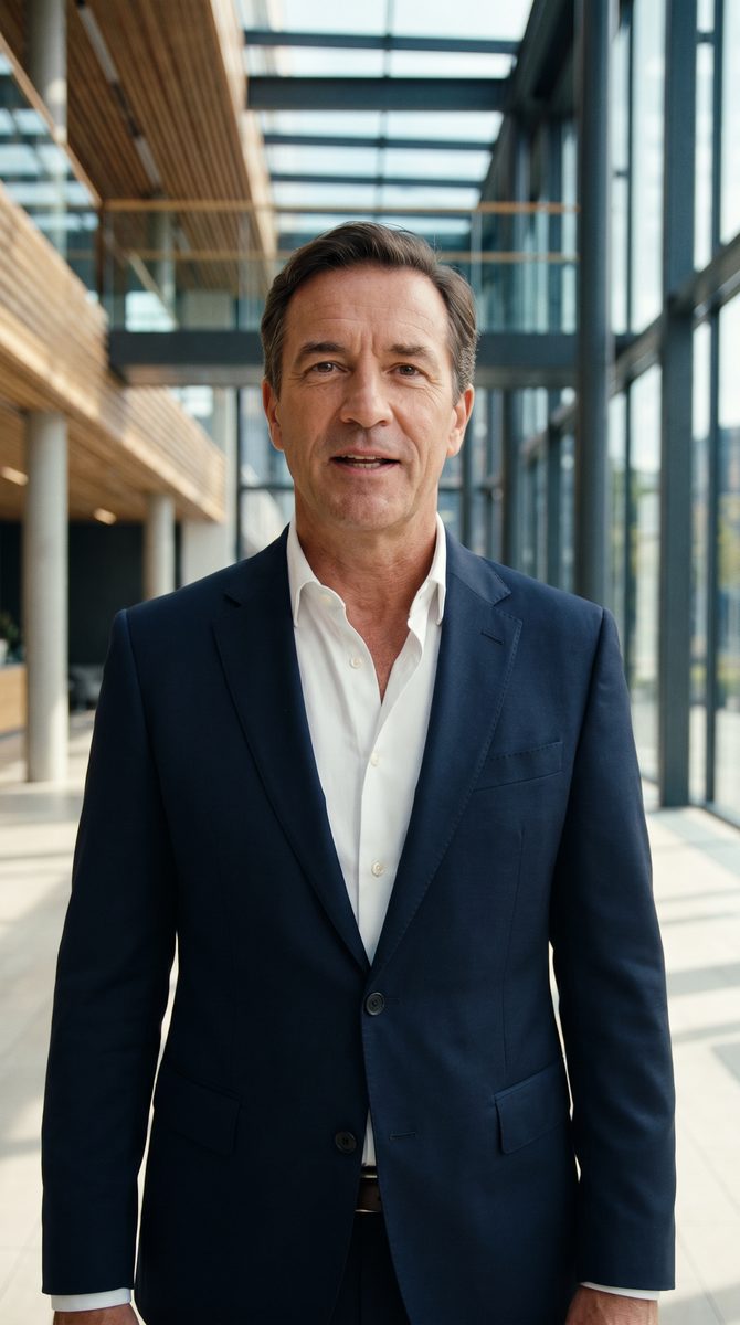 CEO speaking to camera in a glass office lobby