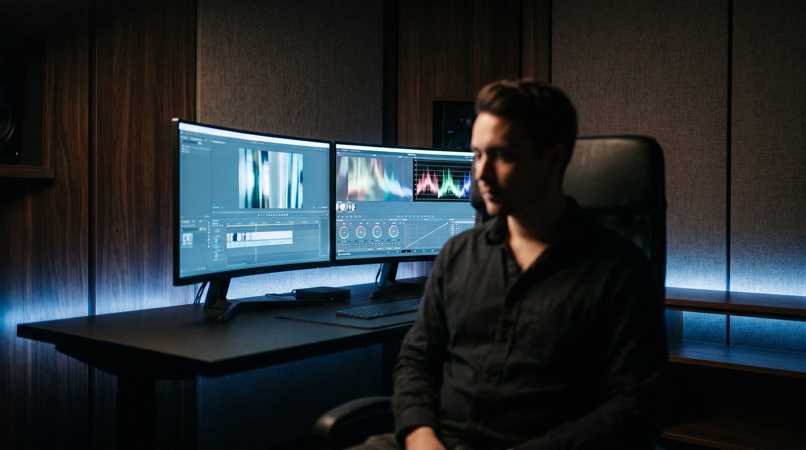 Post-production suite with two monitors