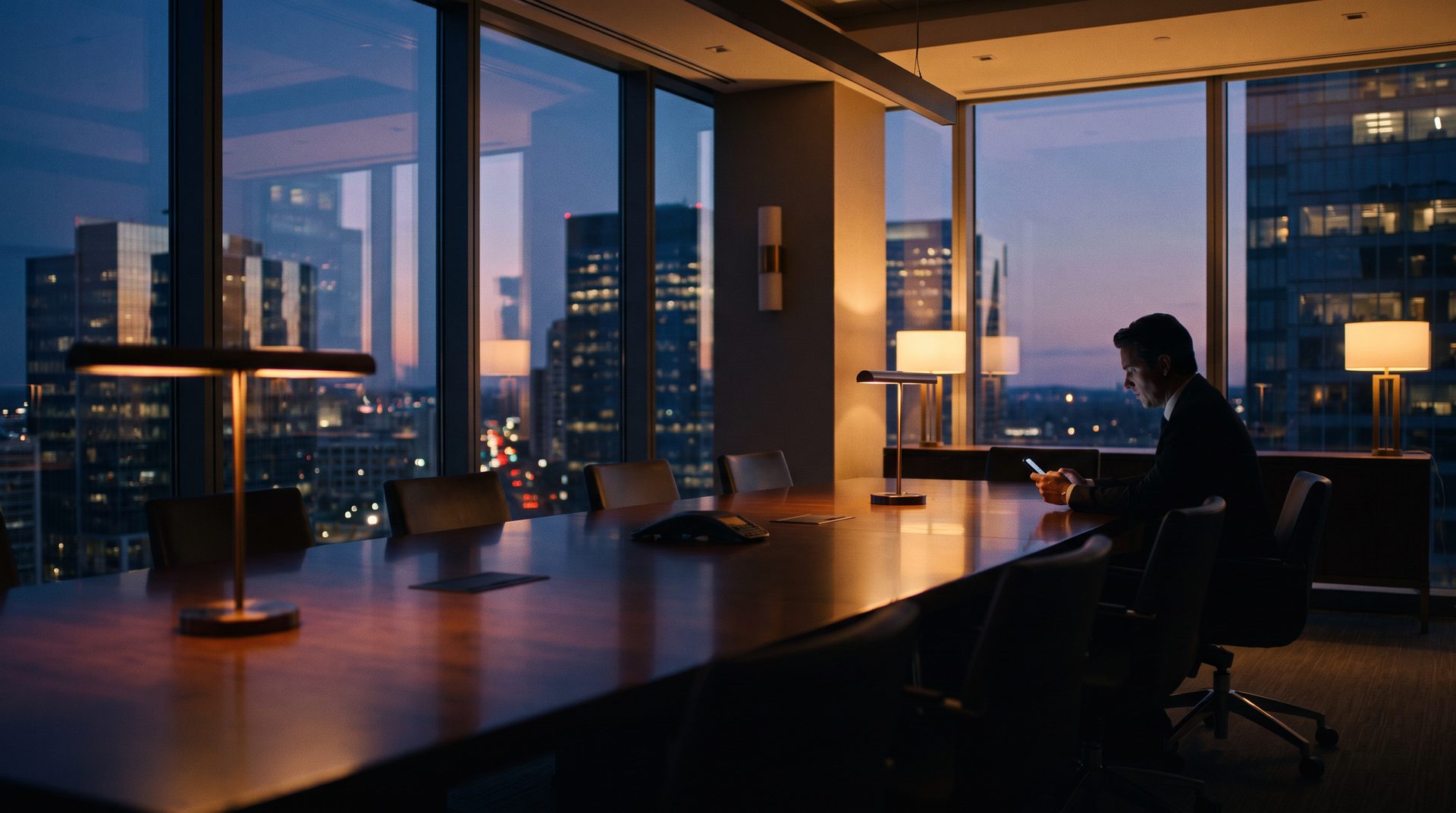 An executive alone in a boardroom at dusk, scrolling a phone